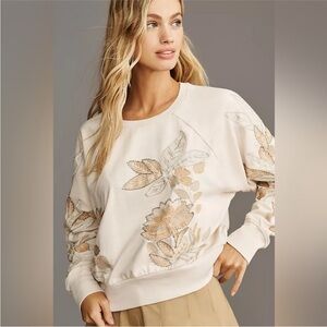 Anthropologie Embroidered Sweatshirt Floral Embellished Rib Hem Ivory Tan L